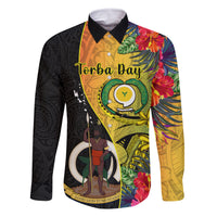 Personalised Vanuatu Torba Day Family Matching Tank Maxi Dress and Hawaiian Shirt Coat Of Arms Mix Tropical Flowers LT14 Dad's Shirt - Long Sleeve Black - Polynesian Pride
