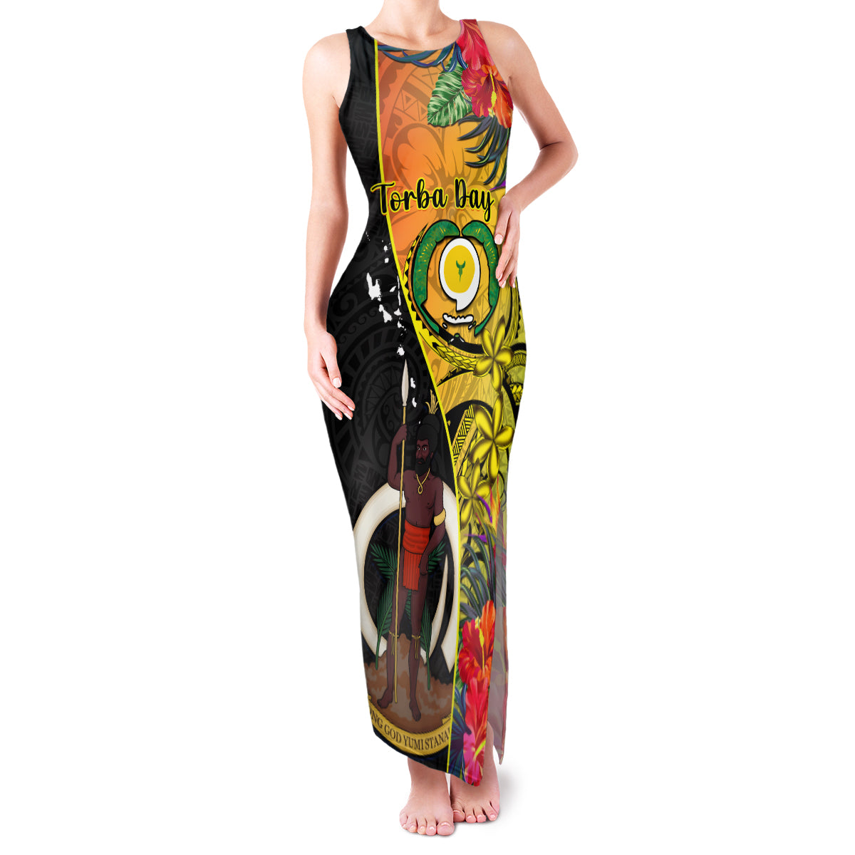 Personalised Vanuatu Torba Day Family Matching Tank Maxi Dress and Hawaiian Shirt Coat Of Arms Mix Tropical Flowers LT14 Mom's Dress Black - Polynesian Pride