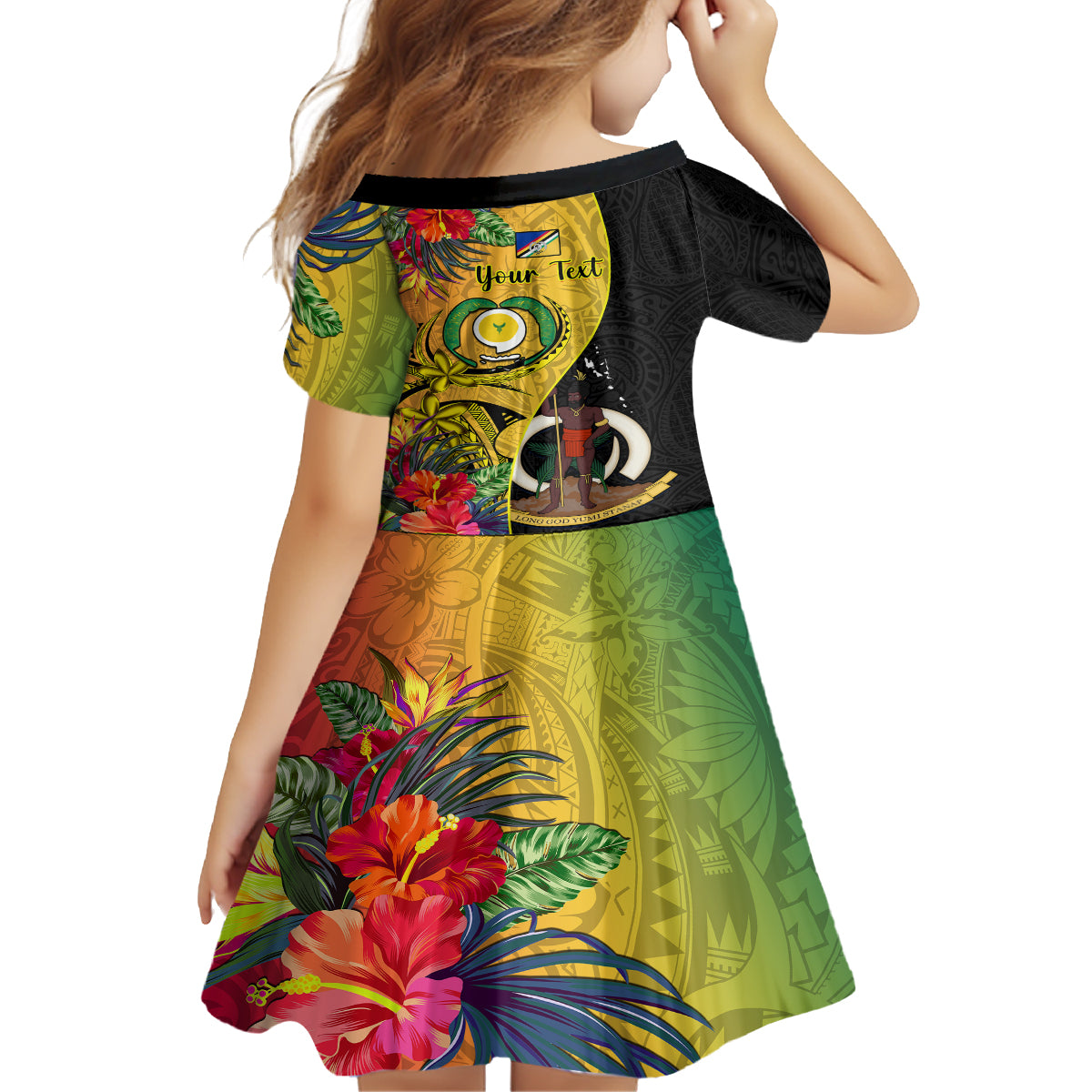 personalised-vanuatu-torba-day-kid-short-sleeve-dress-coat-of-arms-mix-tropical-flowers
