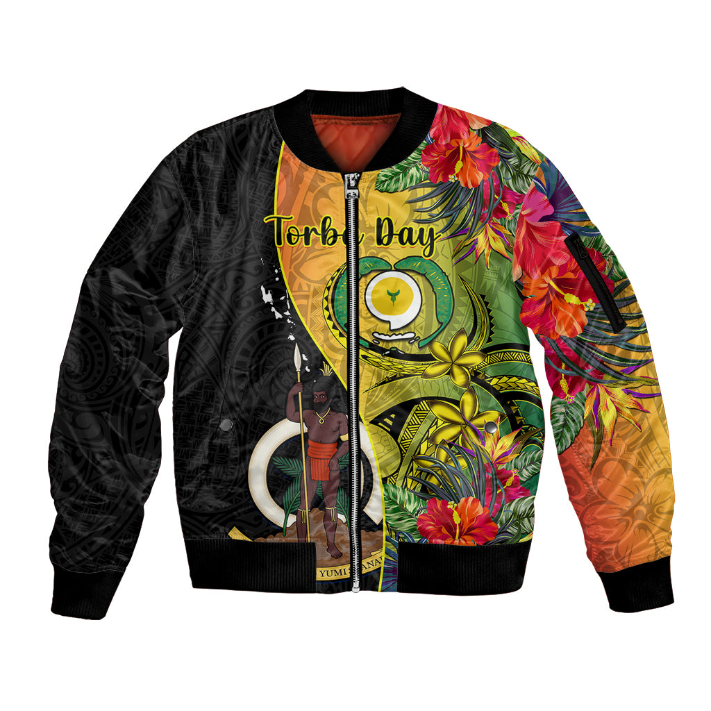 personalised-vanuatu-torba-day-sleeve-zip-bomber-jacket-coat-of-arms-mix-tropical-flowers