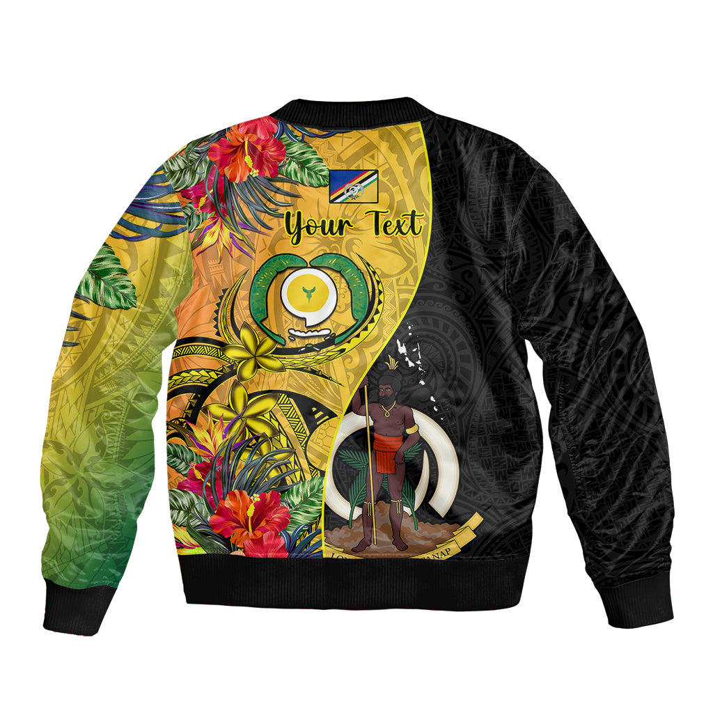 personalised-vanuatu-torba-day-sleeve-zip-bomber-jacket-coat-of-arms-mix-tropical-flowers