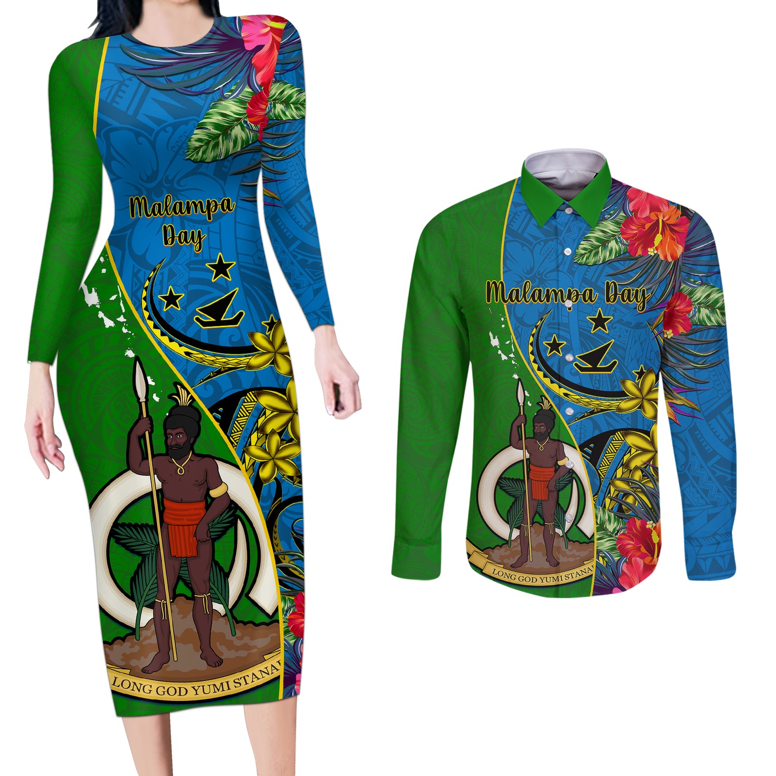 vanuatu-malampa-day-couples-matching-long-sleeve-bodycon-dress-and-long-sleeve-button-shirts-coat-of-arms-mix-tropical-flowers