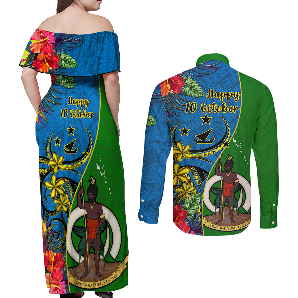 vanuatu-malampa-day-couples-matching-off-shoulder-maxi-dress-and-long-sleeve-button-shirts-coat-of-arms-mix-tropical-flowers