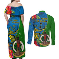 vanuatu-malampa-day-couples-matching-off-shoulder-maxi-dress-and-long-sleeve-button-shirts-coat-of-arms-mix-tropical-flowers