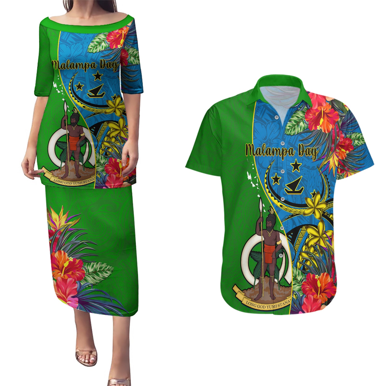 vanuatu-malampa-day-couples-matching-puletasi-dress-and-hawaiian-shirt-coat-of-arms-mix-tropical-flowers