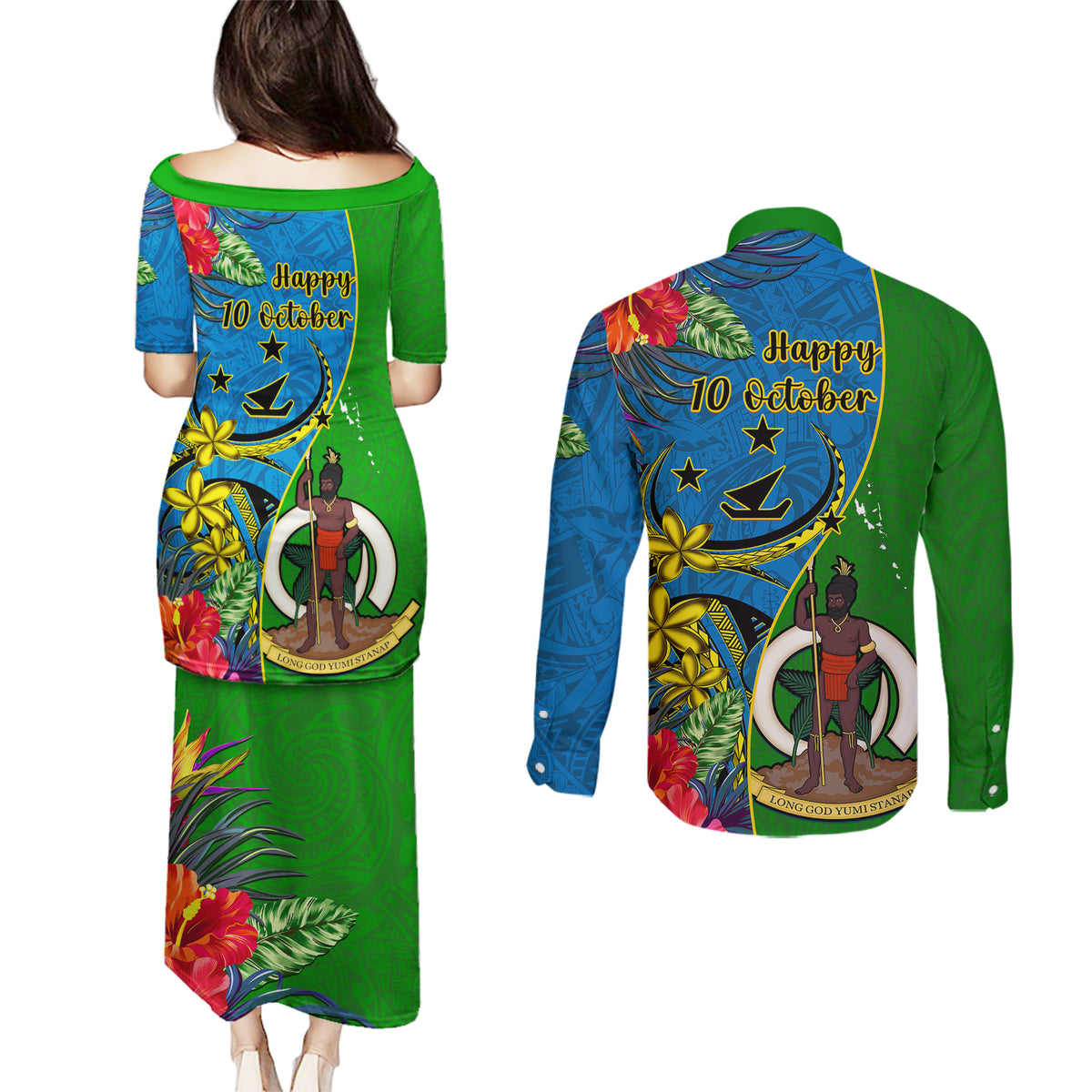vanuatu-malampa-day-couples-matching-puletasi-dress-and-long-sleeve-button-shirts-coat-of-arms-mix-tropical-flowers
