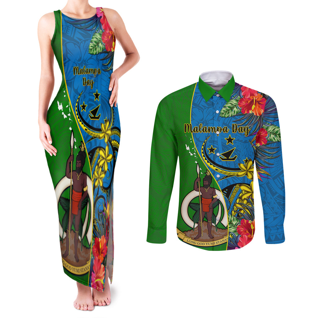 vanuatu-malampa-day-couples-matching-tank-maxi-dress-and-long-sleeve-button-shirts-coat-of-arms-mix-tropical-flowers