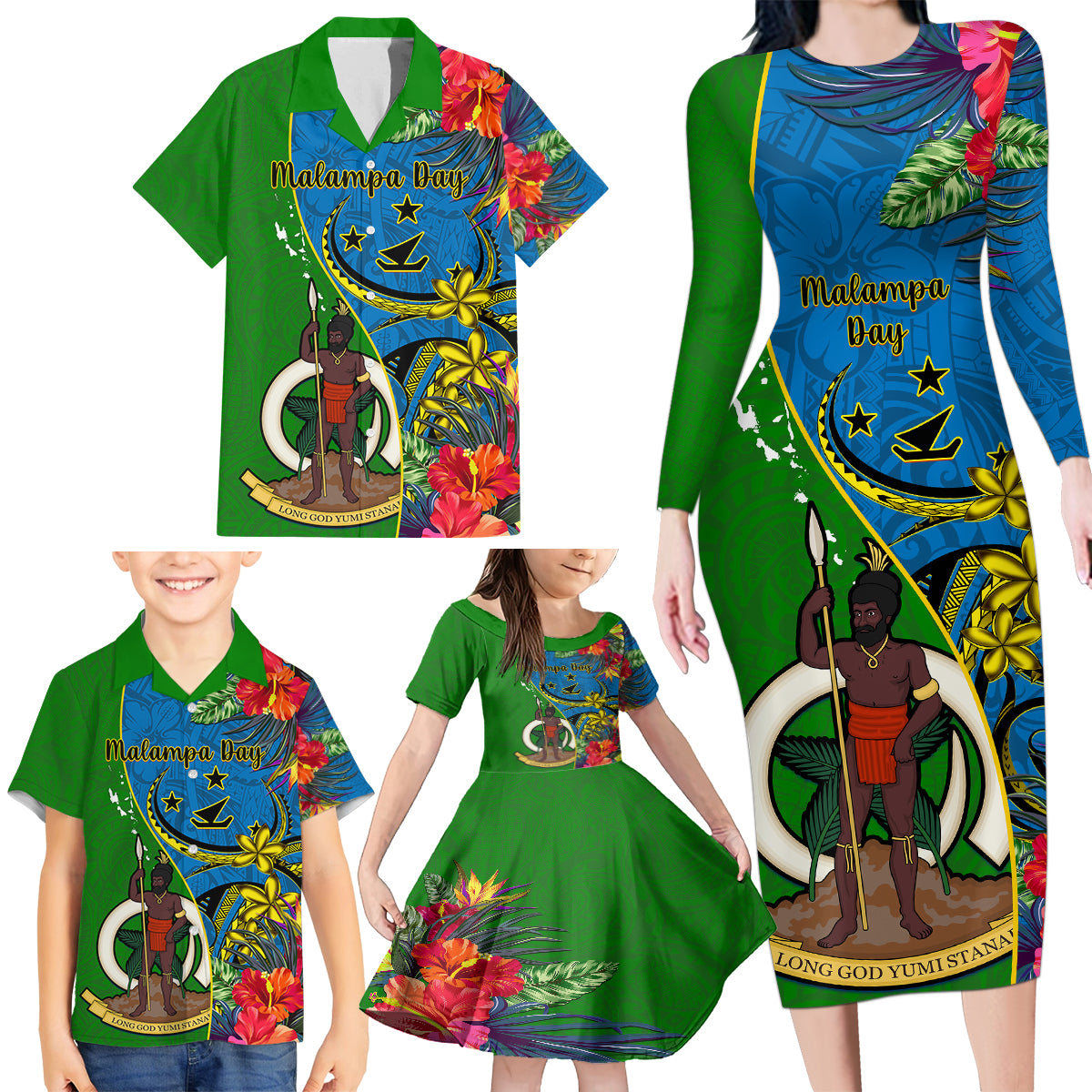 Vanuatu Malampa Day Family Matching Long Sleeve Bodycon Dress and Hawaiian Shirt Coat Of Arms Mix Tropical Flowers LT14 - Polynesian Pride
