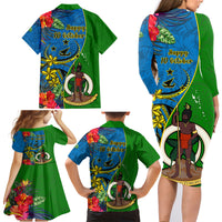 Vanuatu Malampa Day Family Matching Long Sleeve Bodycon Dress and Hawaiian Shirt Coat Of Arms Mix Tropical Flowers LT14 - Polynesian Pride