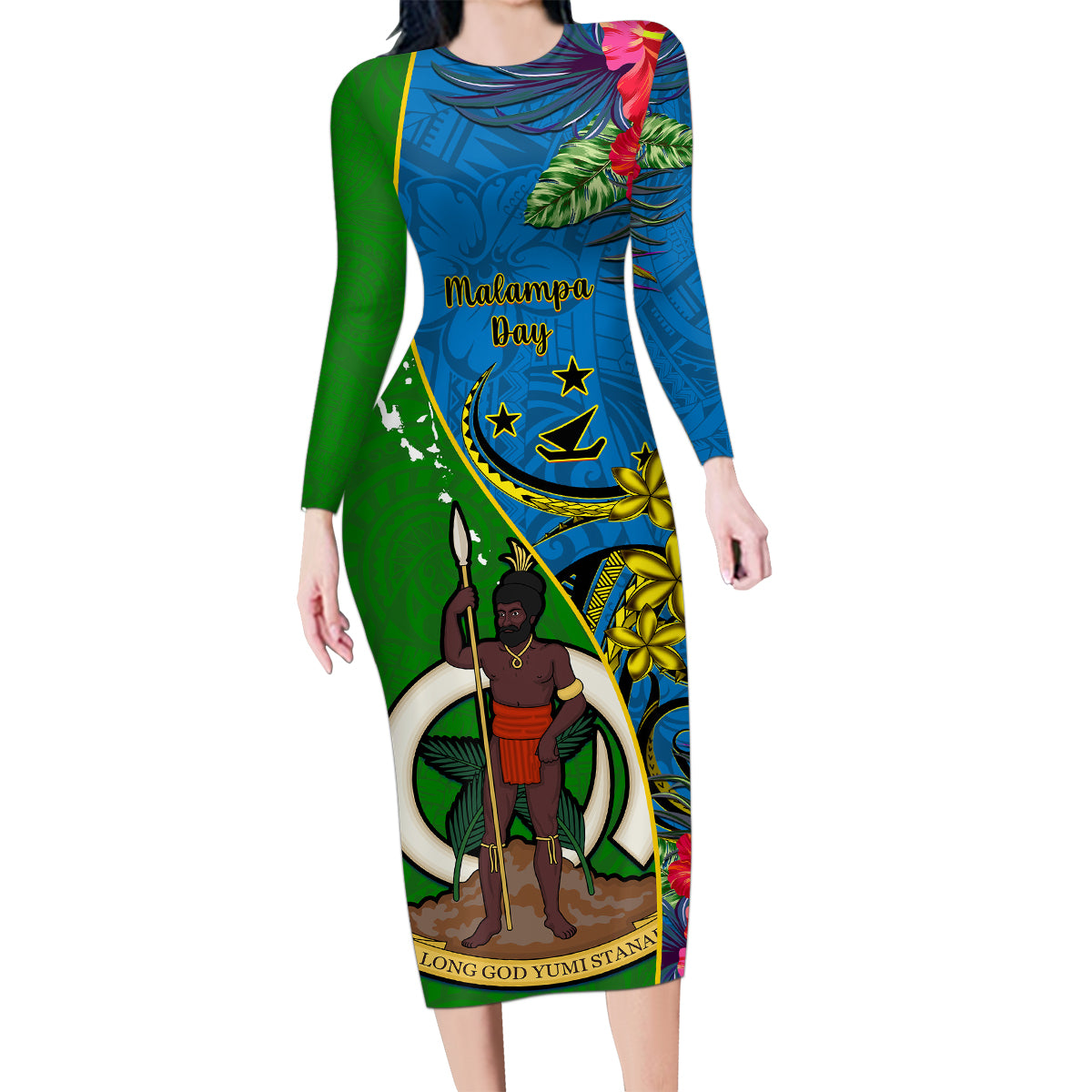 Vanuatu Malampa Day Family Matching Long Sleeve Bodycon Dress and Hawaiian Shirt Coat Of Arms Mix Tropical Flowers LT14 Mom's Dress Green - Polynesian Pride