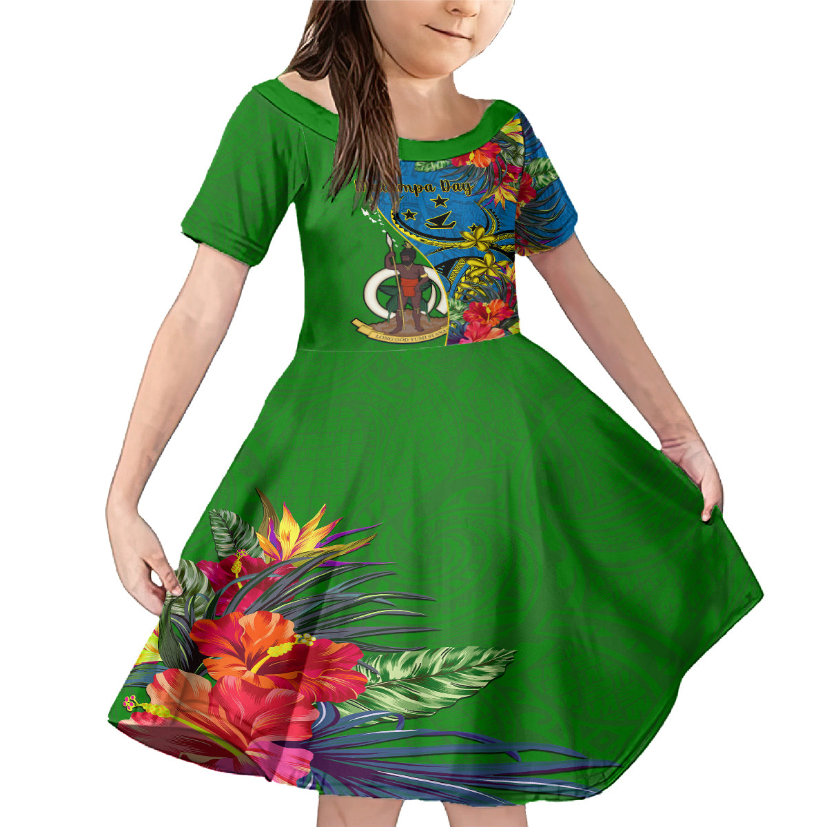 Vanuatu Malampa Day Family Matching Mermaid Dress and Hawaiian Shirt Coat Of Arms Mix Tropical Flowers LT14 Daughter's Dress Green - Polynesian Pride
