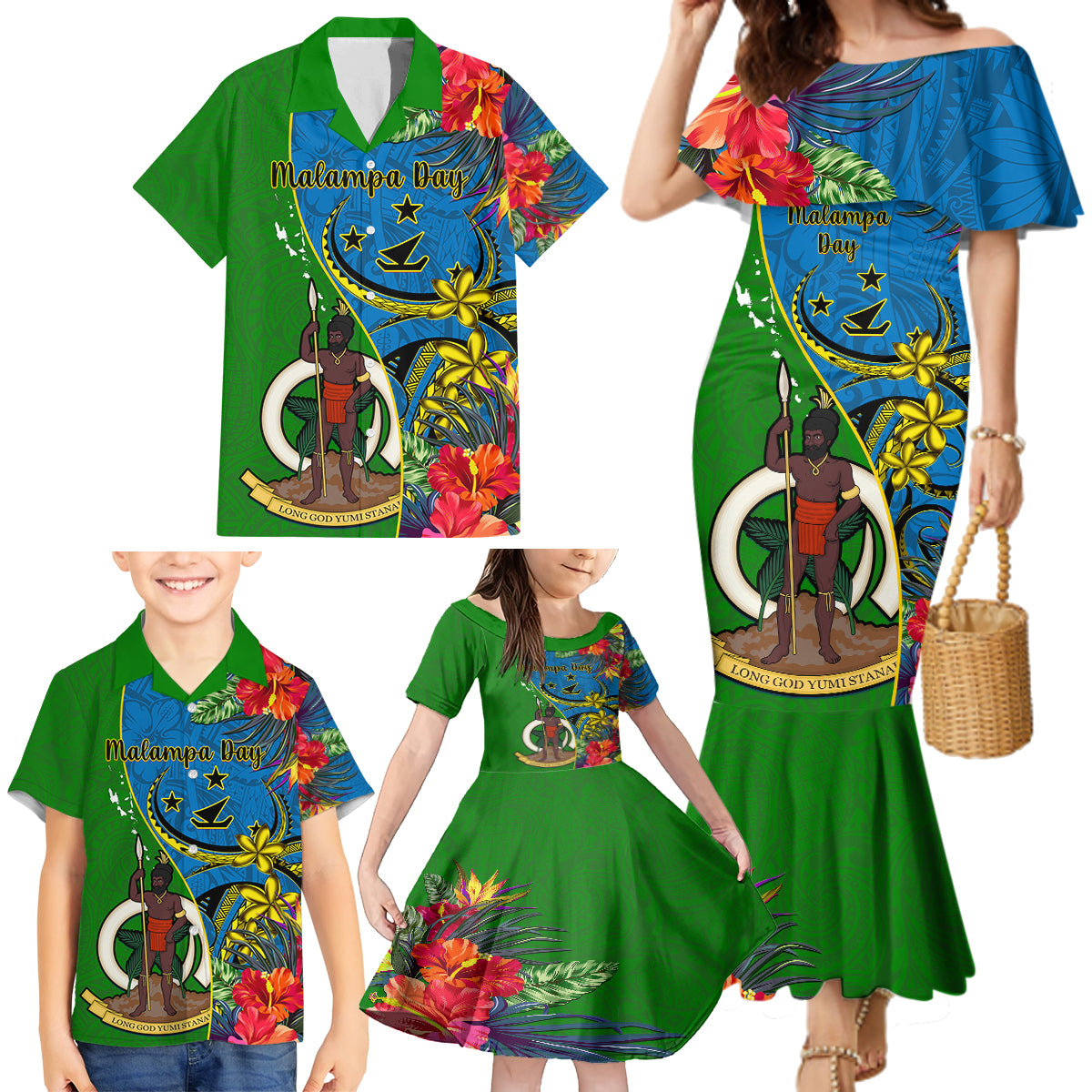 Vanuatu Malampa Day Family Matching Mermaid Dress and Hawaiian Shirt Coat Of Arms Mix Tropical Flowers LT14 - Polynesian Pride