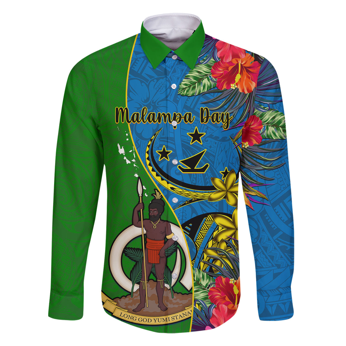 Vanuatu Malampa Day Family Matching Off Shoulder Maxi Dress and Hawaiian Shirt Coat Of Arms Mix Tropical Flowers LT14 Dad's Shirt - Long Sleeve Green - Polynesian Pride