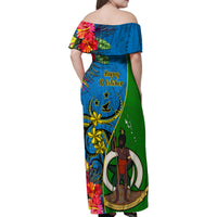 Vanuatu Malampa Day Family Matching Off Shoulder Maxi Dress and Hawaiian Shirt Coat Of Arms Mix Tropical Flowers LT14 - Polynesian Pride
