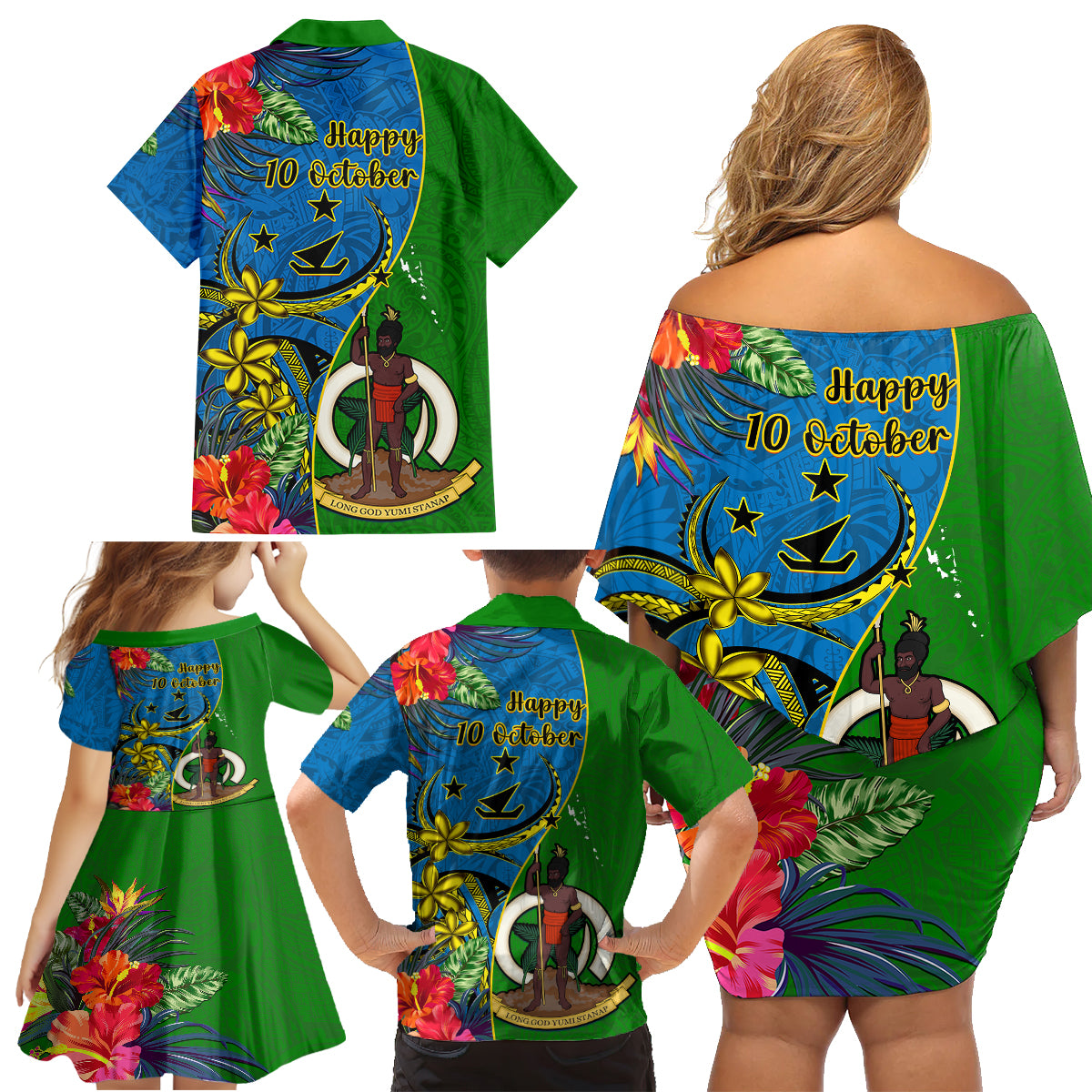Vanuatu Malampa Day Family Matching Off Shoulder Short Dress and Hawaiian Shirt Coat Of Arms Mix Tropical Flowers LT14 - Polynesian Pride