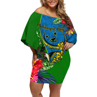 Vanuatu Malampa Day Family Matching Off Shoulder Short Dress and Hawaiian Shirt Coat Of Arms Mix Tropical Flowers LT14 Mom's Dress Green - Polynesian Pride