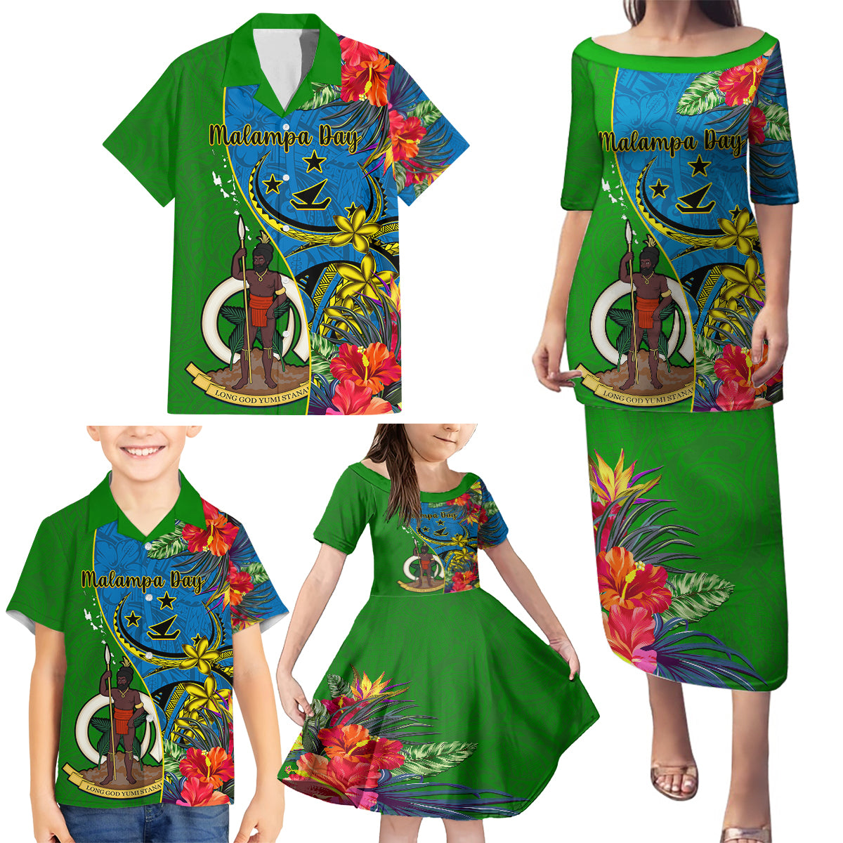 Vanuatu Malampa Day Family Matching Puletasi Dress and Hawaiian Shirt Coat Of Arms Mix Tropical Flowers LT14 - Polynesian Pride