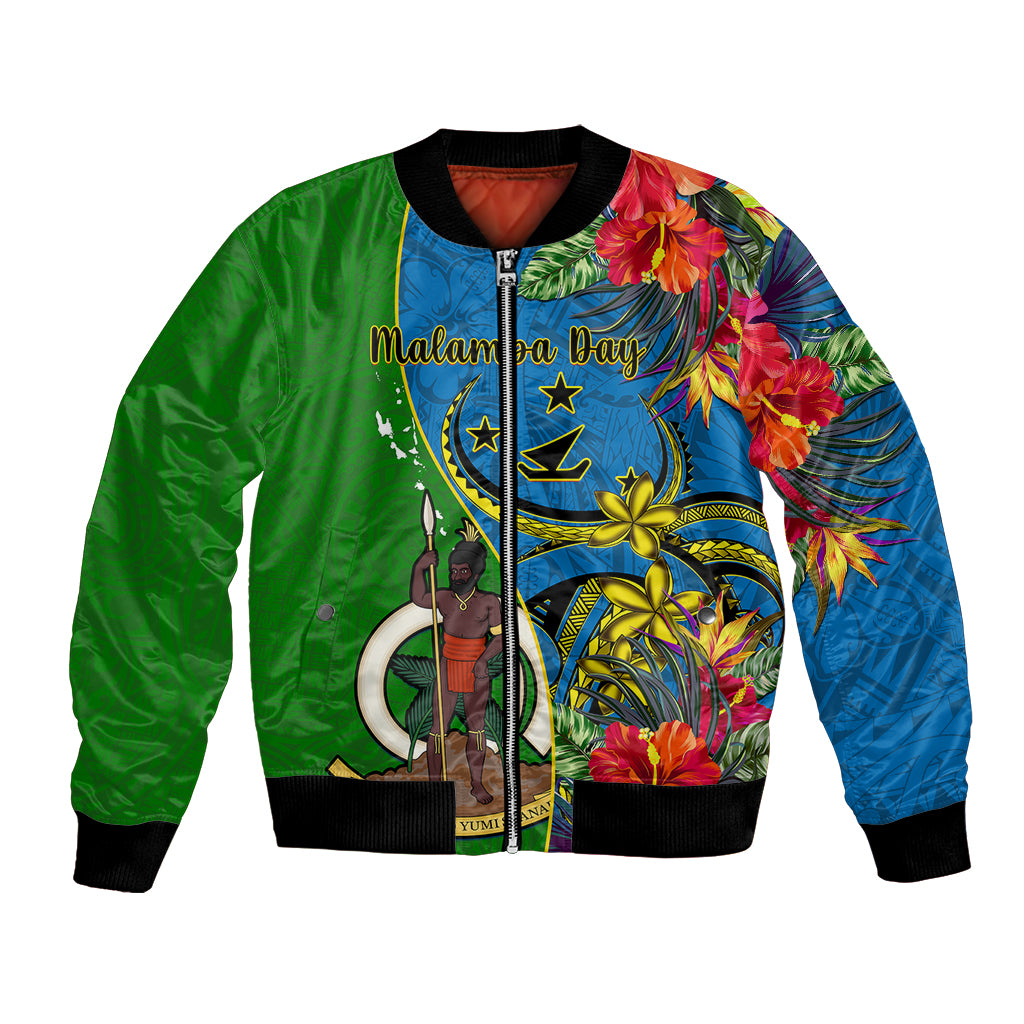 personalised-vanuatu-malampa-day-bomber-jacket-coat-of-arms-mix-tropical-flowers