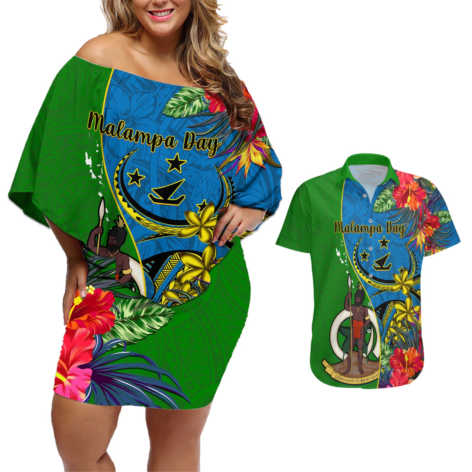 personalised-vanuatu-malampa-day-couples-matching-off-shoulder-short-dress-and-hawaiian-shirt-coat-of-arms-mix-tropical-flowers