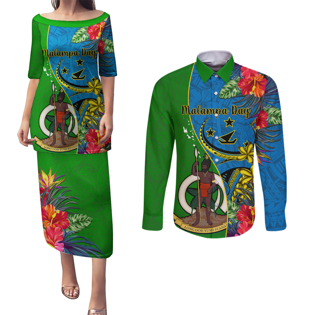 personalised-vanuatu-malampa-day-couples-matching-puletasi-dress-and-long-sleeve-button-shirts-coat-of-arms-mix-tropical-flowers