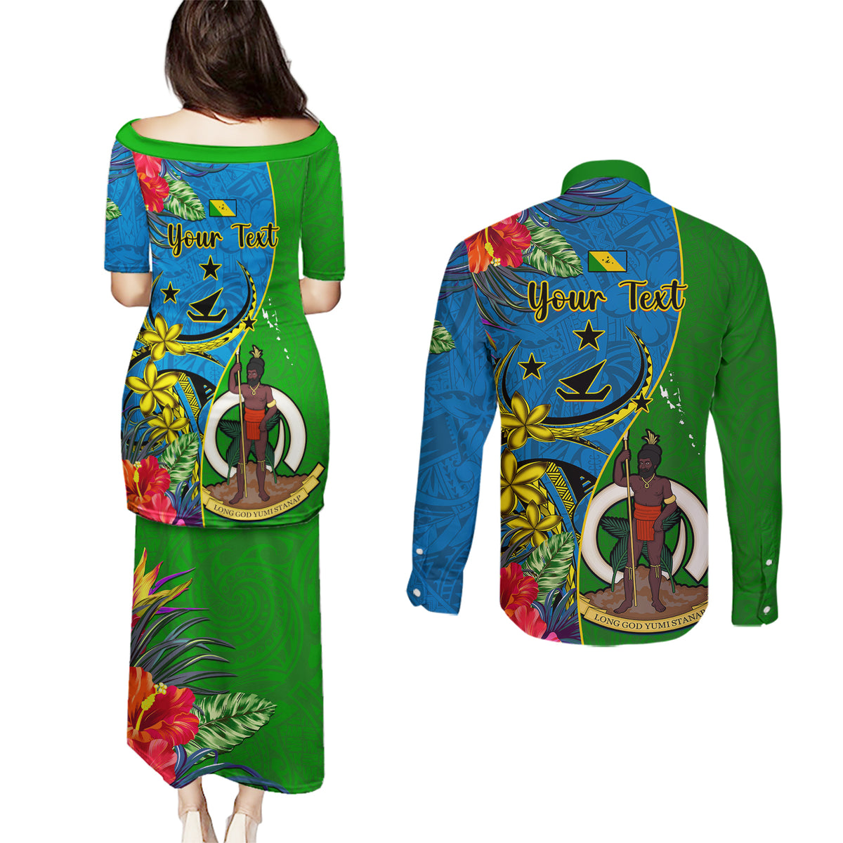 personalised-vanuatu-malampa-day-couples-matching-puletasi-dress-and-long-sleeve-button-shirts-coat-of-arms-mix-tropical-flowers
