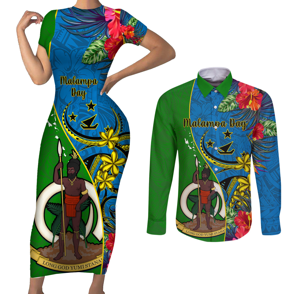 personalised-vanuatu-malampa-day-couples-matching-short-sleeve-bodycon-dress-and-long-sleeve-button-shirts-coat-of-arms-mix-tropical-flowers