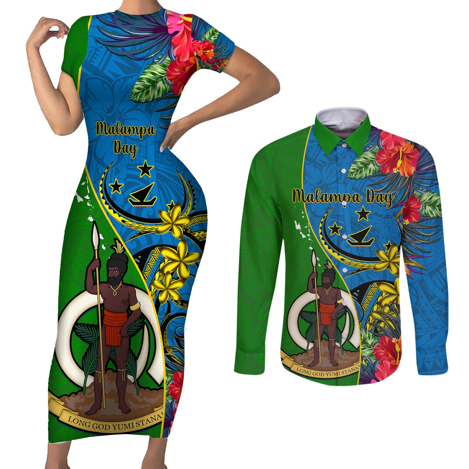 personalised-vanuatu-malampa-day-couples-matching-short-sleeve-bodycon-dress-and-long-sleeve-button-shirts-coat-of-arms-mix-tropical-flowers