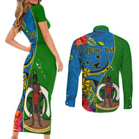 personalised-vanuatu-malampa-day-couples-matching-short-sleeve-bodycon-dress-and-long-sleeve-button-shirts-coat-of-arms-mix-tropical-flowers