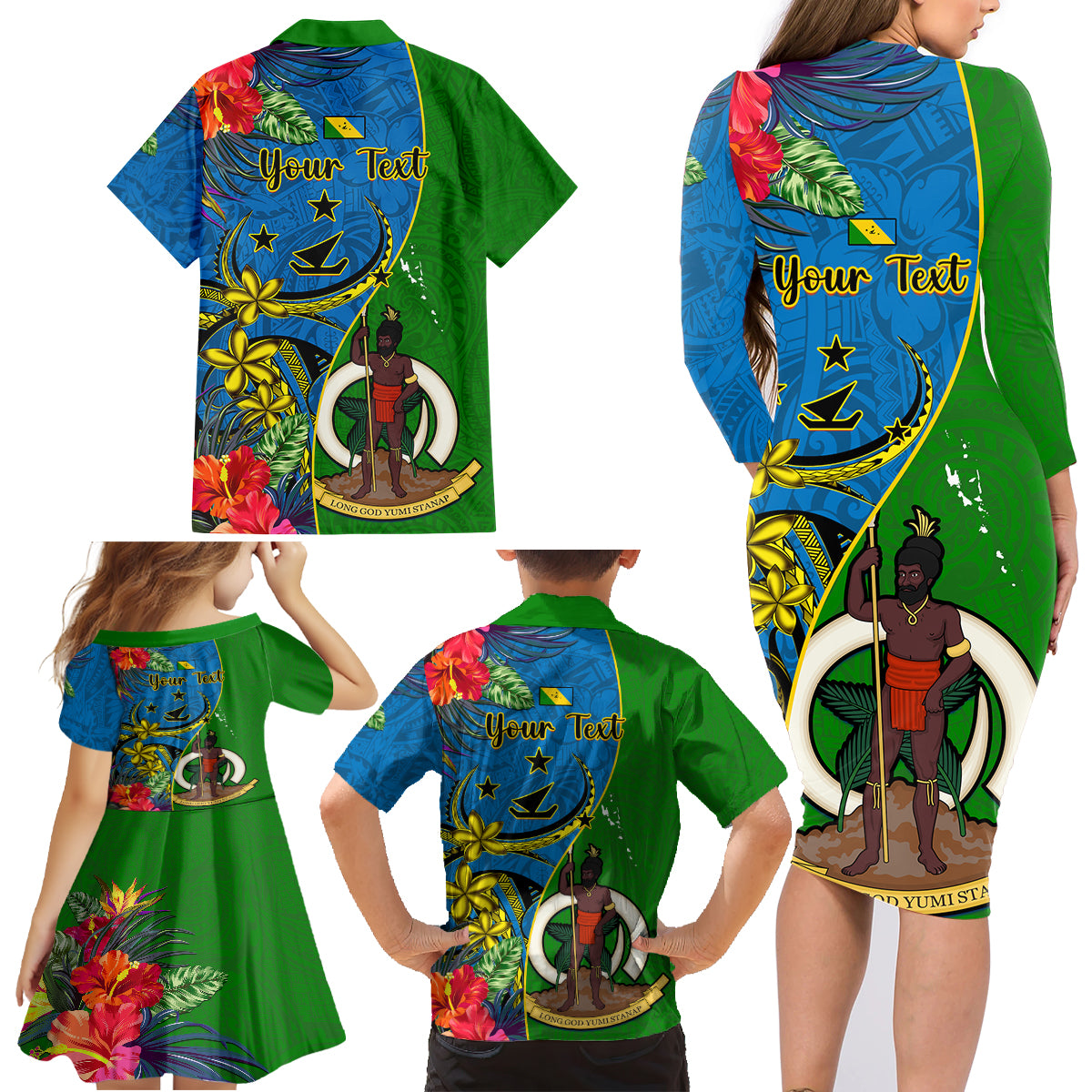 Personalised Vanuatu Malampa Day Family Matching Long Sleeve Bodycon Dress and Hawaiian Shirt Coat Of Arms Mix Tropical Flowers LT14 - Polynesian Pride