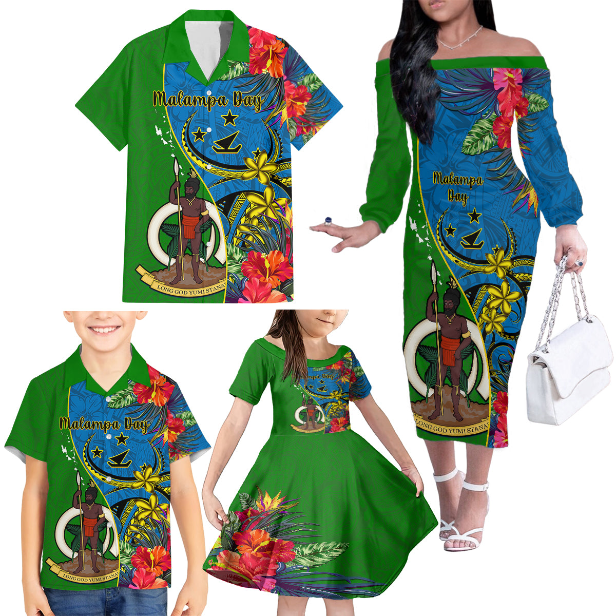 Personalised Vanuatu Malampa Day Family Matching Off Shoulder Long Sleeve Dress and Hawaiian Shirt Coat Of Arms Mix Tropical Flowers LT14 - Polynesian Pride