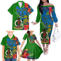 Personalised Vanuatu Malampa Day Family Matching Off Shoulder Long Sleeve Dress and Hawaiian Shirt Coat Of Arms Mix Tropical Flowers LT14 - Polynesian Pride