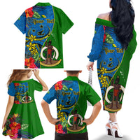 Personalised Vanuatu Malampa Day Family Matching Off Shoulder Long Sleeve Dress and Hawaiian Shirt Coat Of Arms Mix Tropical Flowers LT14 - Polynesian Pride