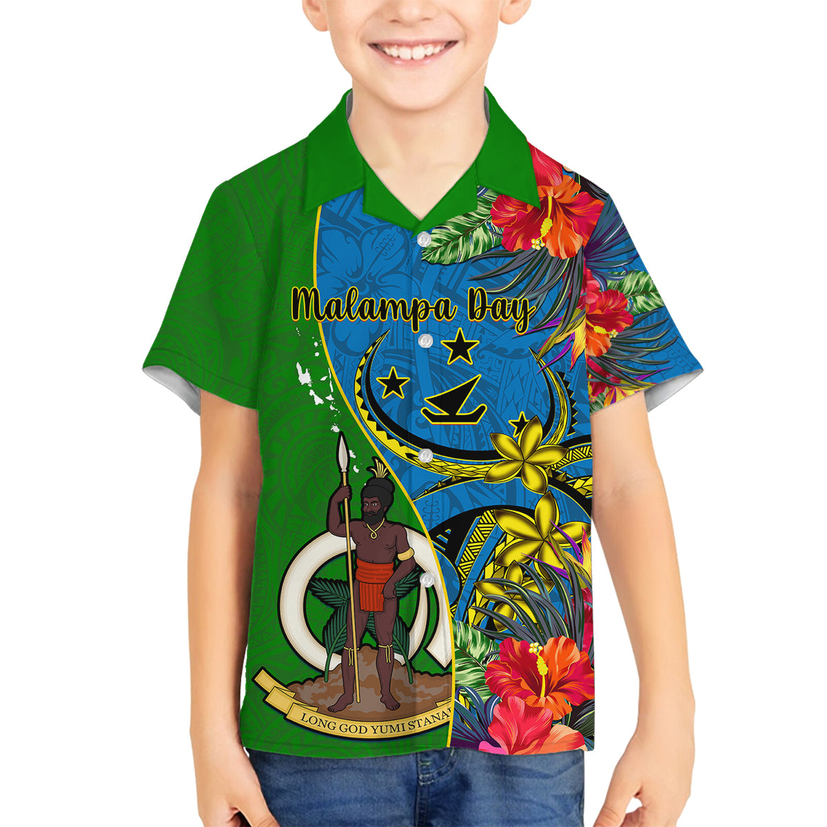 Personalised Vanuatu Malampa Day Family Matching Off Shoulder Long Sleeve Dress and Hawaiian Shirt Coat Of Arms Mix Tropical Flowers LT14 Son's Shirt Green - Polynesian Pride