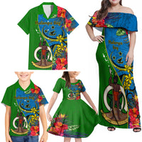 Personalised Vanuatu Malampa Day Family Matching Off Shoulder Maxi Dress and Hawaiian Shirt Coat Of Arms Mix Tropical Flowers LT14 - Polynesian Pride