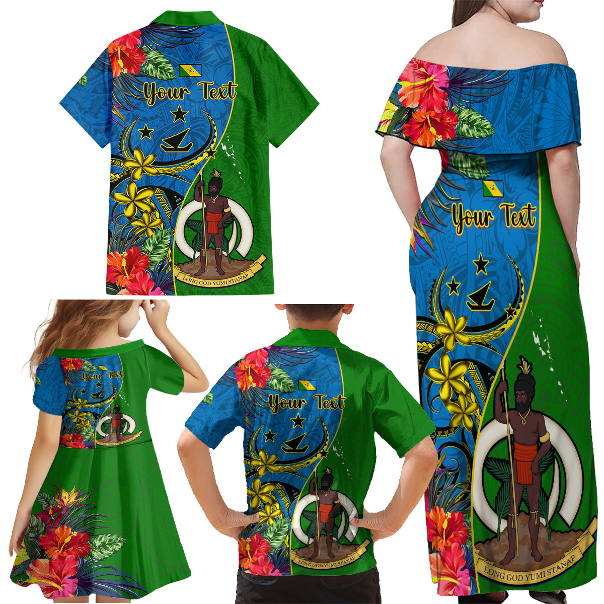 Personalised Vanuatu Malampa Day Family Matching Off Shoulder Maxi Dress and Hawaiian Shirt Coat Of Arms Mix Tropical Flowers LT14 - Polynesian Pride