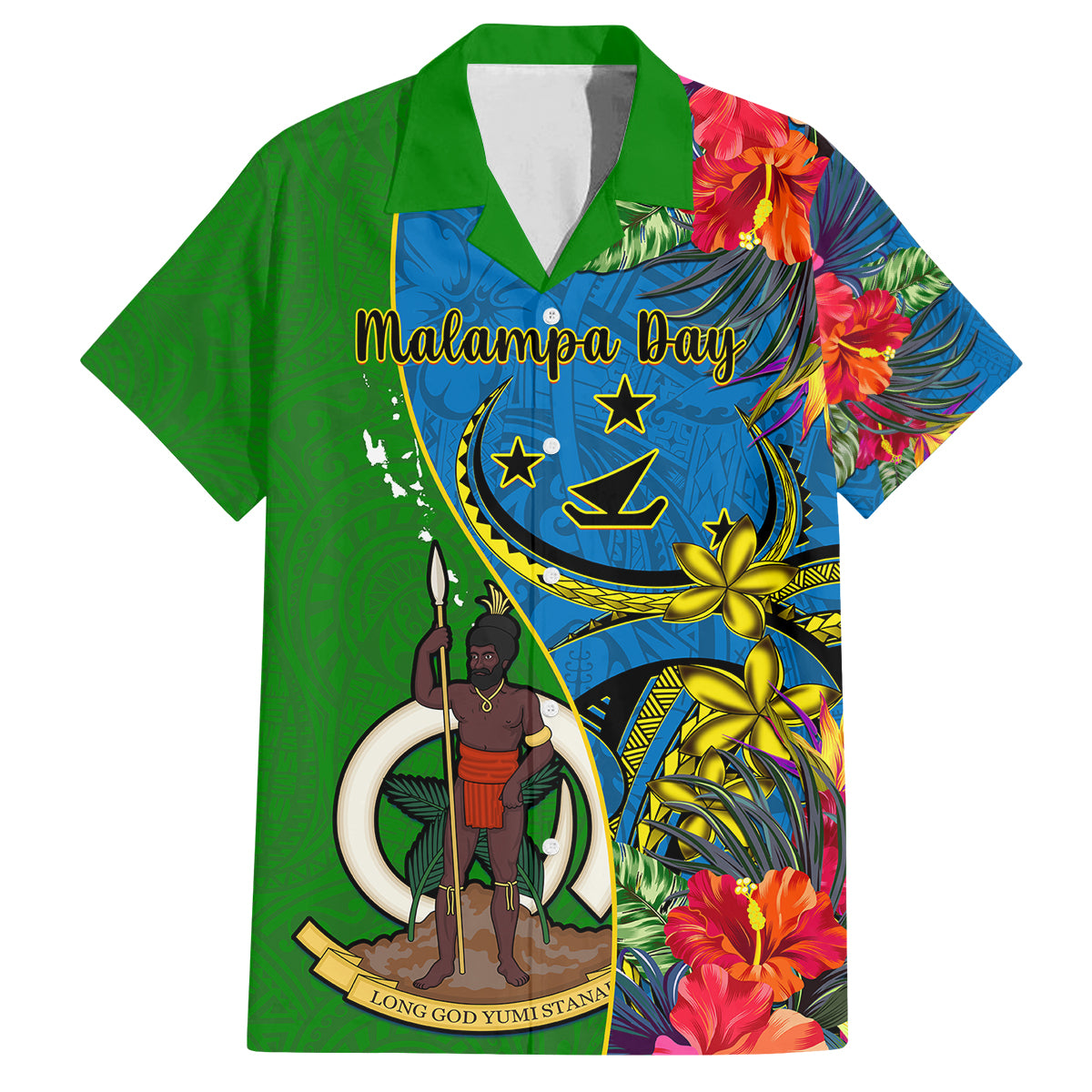 Personalised Vanuatu Malampa Day Family Matching Off Shoulder Maxi Dress and Hawaiian Shirt Coat Of Arms Mix Tropical Flowers LT14 Dad's Shirt - Short Sleeve Green - Polynesian Pride