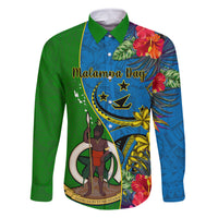 Personalised Vanuatu Malampa Day Family Matching Off Shoulder Maxi Dress and Hawaiian Shirt Coat Of Arms Mix Tropical Flowers LT14 Dad's Shirt - Long Sleeve Green - Polynesian Pride