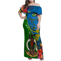 Personalised Vanuatu Malampa Day Family Matching Off Shoulder Maxi Dress and Hawaiian Shirt Coat Of Arms Mix Tropical Flowers LT14 Mom's Dress Green - Polynesian Pride