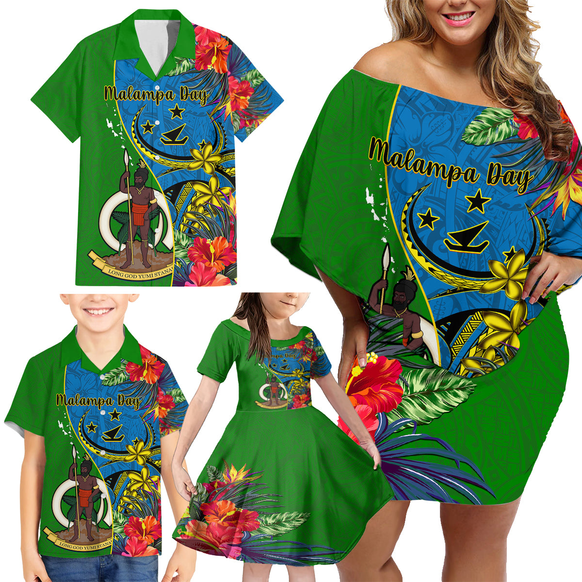 Personalised Vanuatu Malampa Day Family Matching Off Shoulder Short Dress and Hawaiian Shirt Coat Of Arms Mix Tropical Flowers LT14 - Polynesian Pride