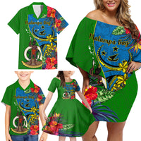 Personalised Vanuatu Malampa Day Family Matching Off Shoulder Short Dress and Hawaiian Shirt Coat Of Arms Mix Tropical Flowers LT14 - Polynesian Pride