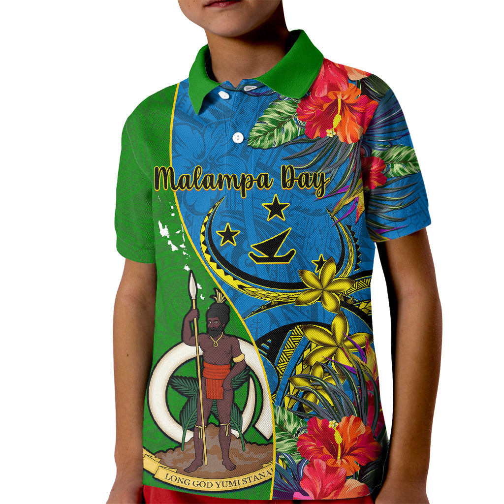 Personalised Vanuatu Malampa Day Kid Polo Shirt Coat Of Arms Mix Tropical Flowers LT14 Kid Green - Polynesian Pride