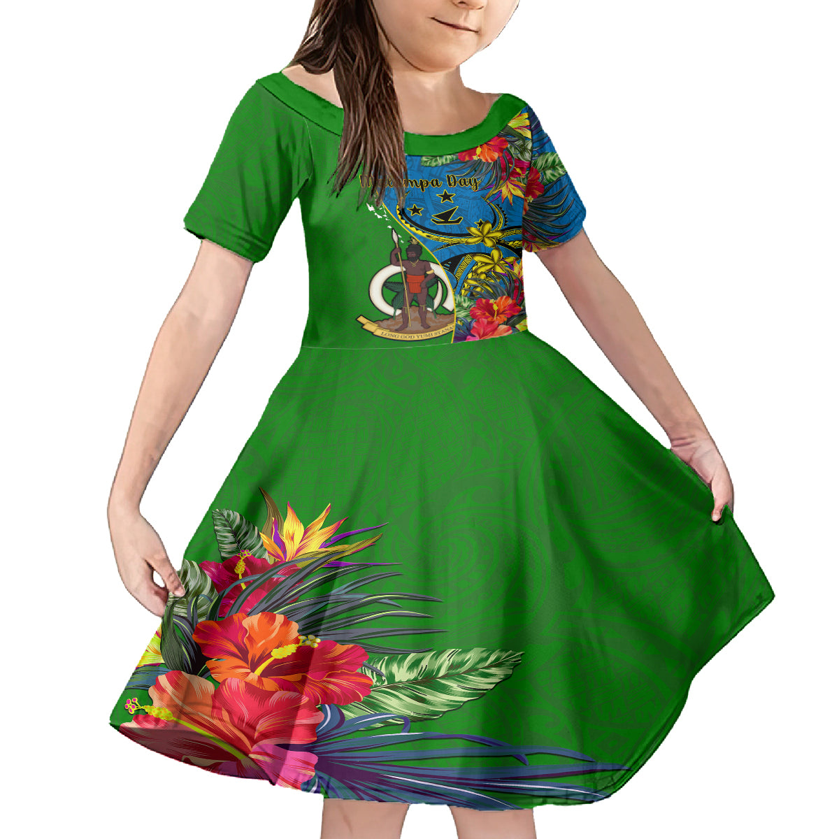 personalised-vanuatu-malampa-day-kid-short-sleeve-dress-coat-of-arms-mix-tropical-flowers