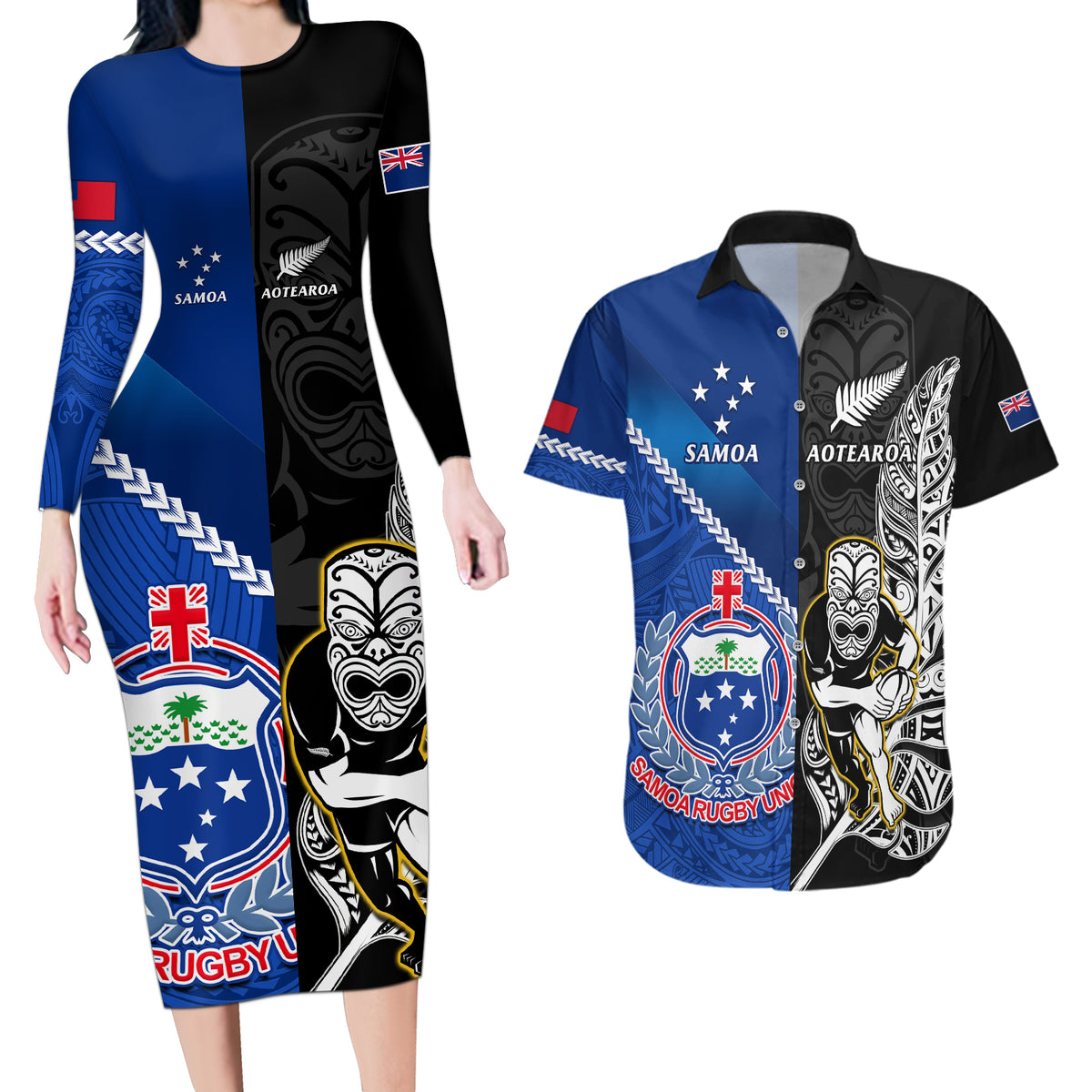 New Zealand And Samoa Rugby Couples Matching Long Sleeve Bodycon Dress and Hawaiian Shirt All Black Tiki Fern Mix Manu Samoa 2023 World Cup LT14 Black - Polynesian Pride