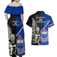 New Zealand And Samoa Rugby Couples Matching Off Shoulder Maxi Dress and Hawaiian Shirt All Black Tiki Fern Mix Manu Samoa 2023 World Cup LT14 - Polynesian Pride