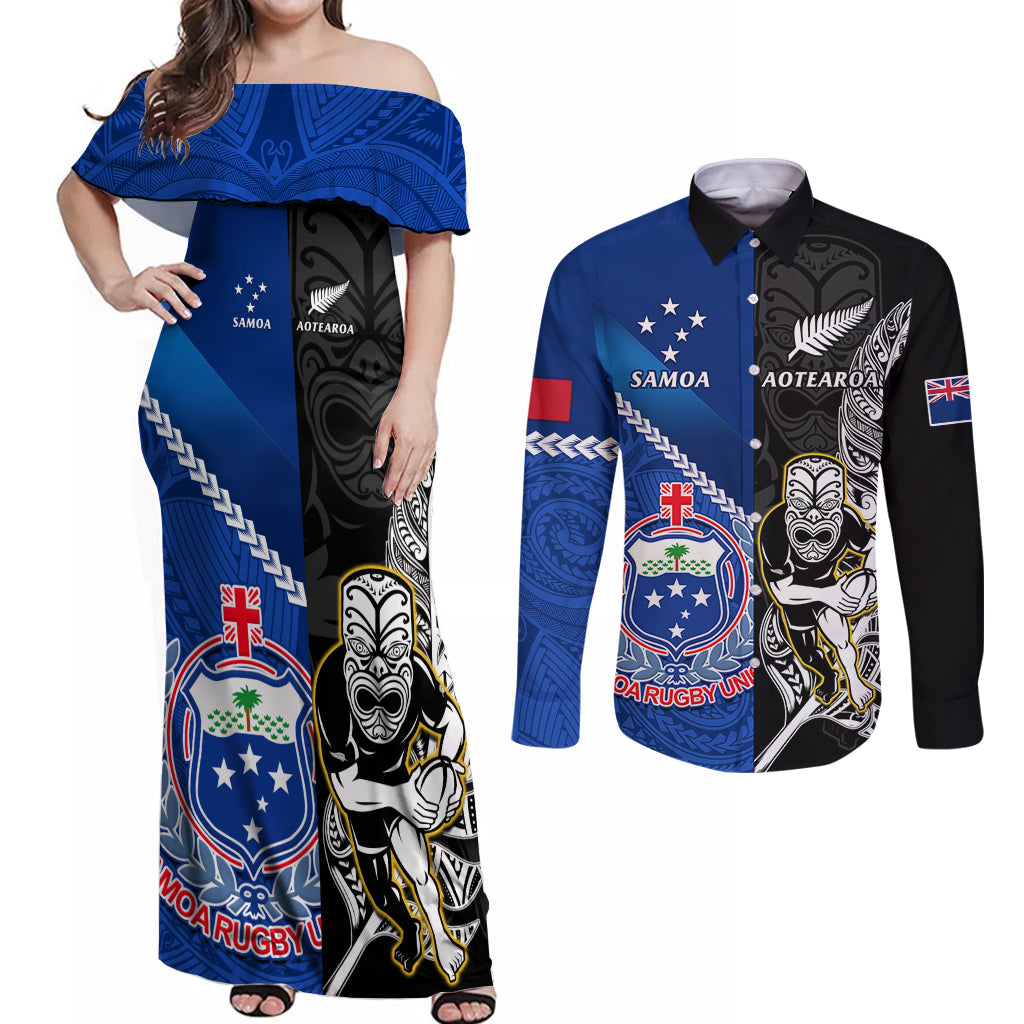 New Zealand And Samoa Rugby Couples Matching Off Shoulder Maxi Dress and Long Sleeve Button Shirts All Black Tiki Fern Mix Manu Samoa 2023 World Cup LT14 Black - Polynesian Pride