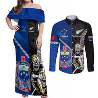 New Zealand And Samoa Rugby Couples Matching Off Shoulder Maxi Dress and Long Sleeve Button Shirts All Black Tiki Fern Mix Manu Samoa 2023 World Cup LT14 Black - Polynesian Pride