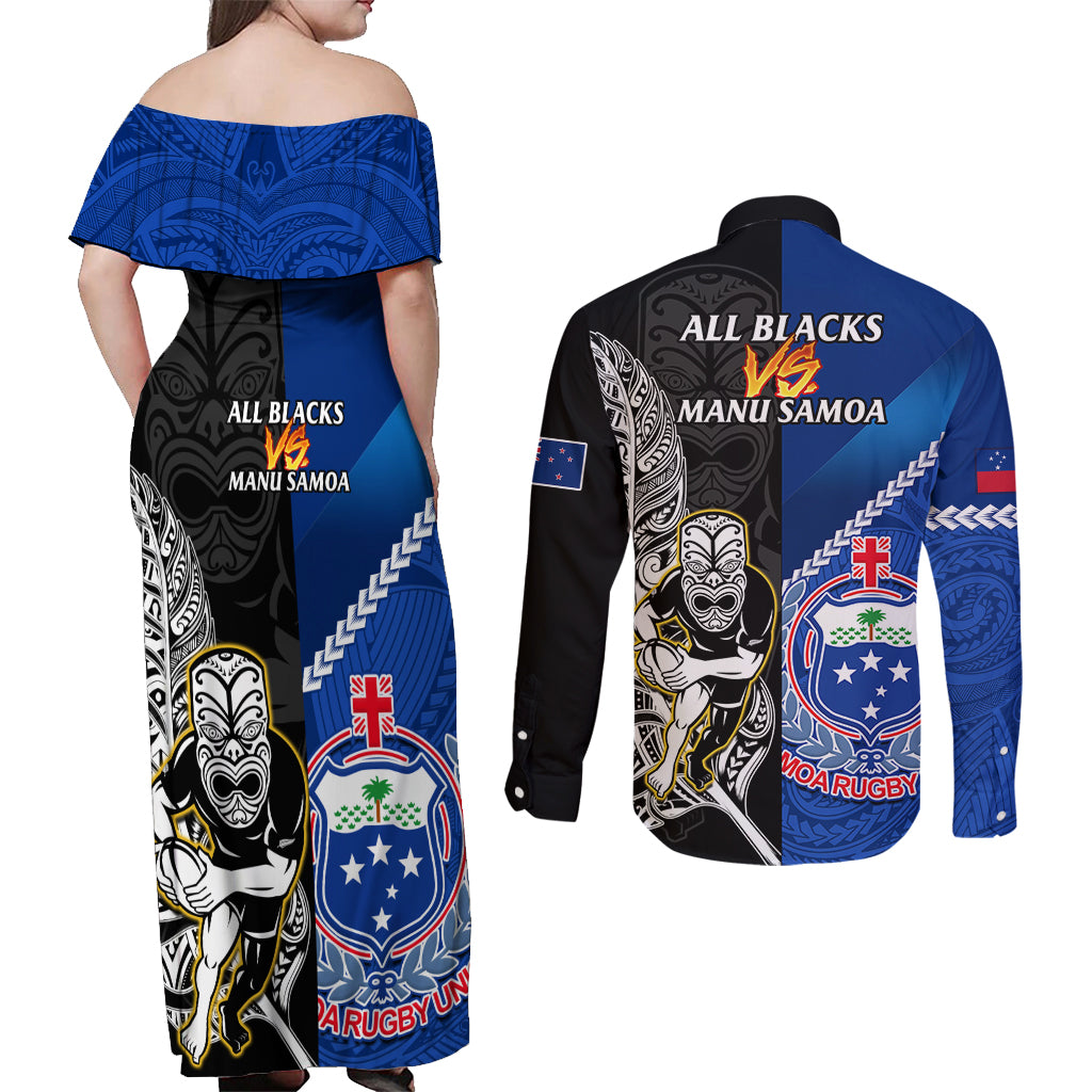 New Zealand And Samoa Rugby Couples Matching Off Shoulder Maxi Dress and Long Sleeve Button Shirts All Black Tiki Fern Mix Manu Samoa 2023 World Cup LT14 - Polynesian Pride