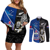 New Zealand And Samoa Rugby Couples Matching Off Shoulder Short Dress and Long Sleeve Button Shirts All Black Tiki Fern Mix Manu Samoa 2023 World Cup LT14 Black - Polynesian Pride