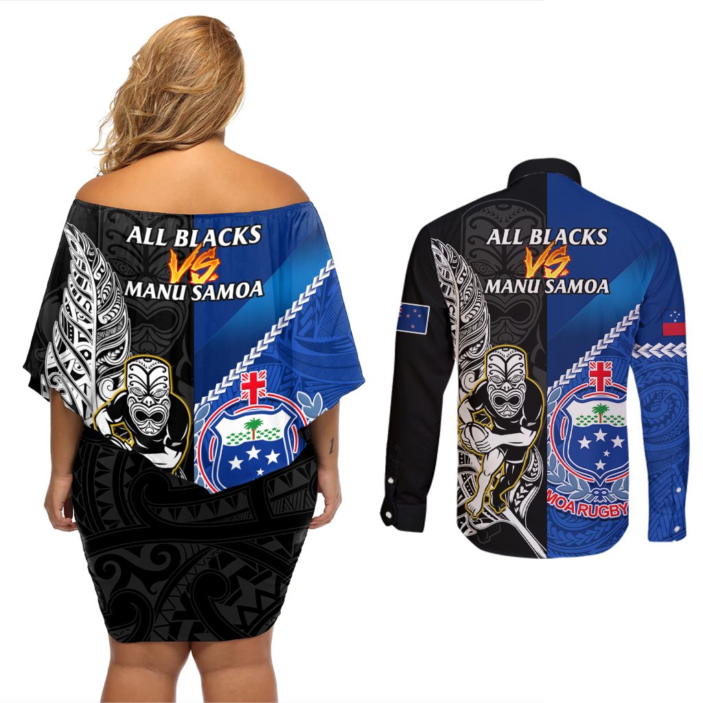 New Zealand And Samoa Rugby Couples Matching Off Shoulder Short Dress and Long Sleeve Button Shirts All Black Tiki Fern Mix Manu Samoa 2023 World Cup LT14 - Polynesian Pride