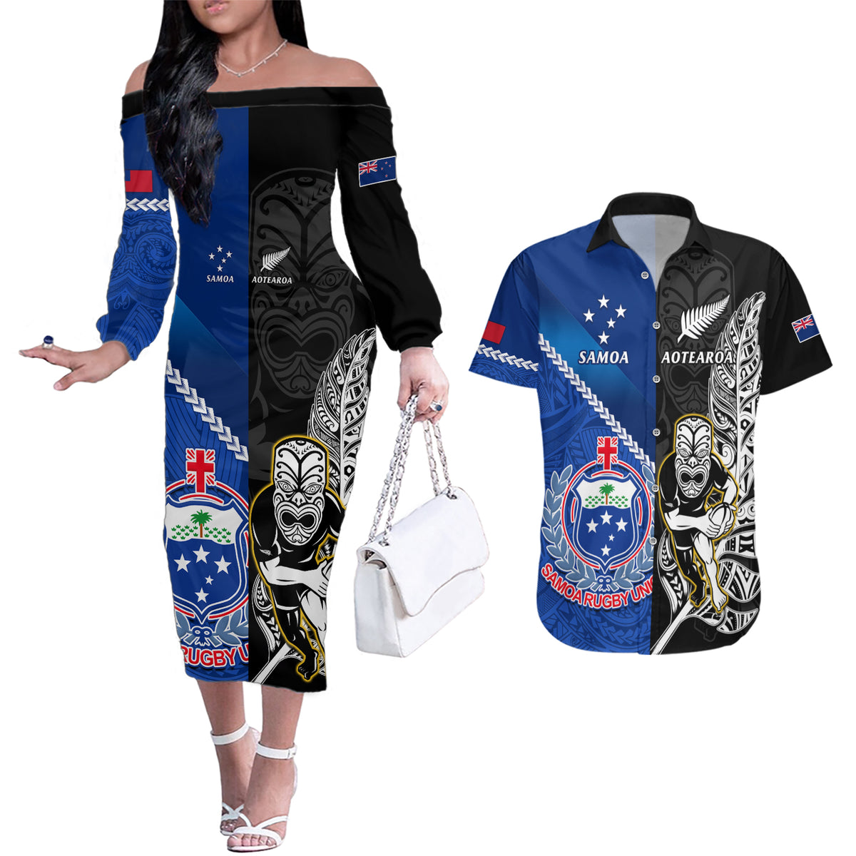 New Zealand And Samoa Rugby Couples Matching Off The Shoulder Long Sleeve Dress and Hawaiian Shirt All Black Tiki Fern Mix Manu Samoa 2023 World Cup LT14 Black - Polynesian Pride